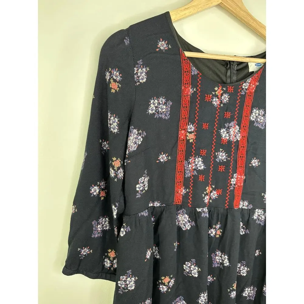 Old Navy Blue‎ Floral Print Long Sleeve Embroidered Dress Women Medium Boho